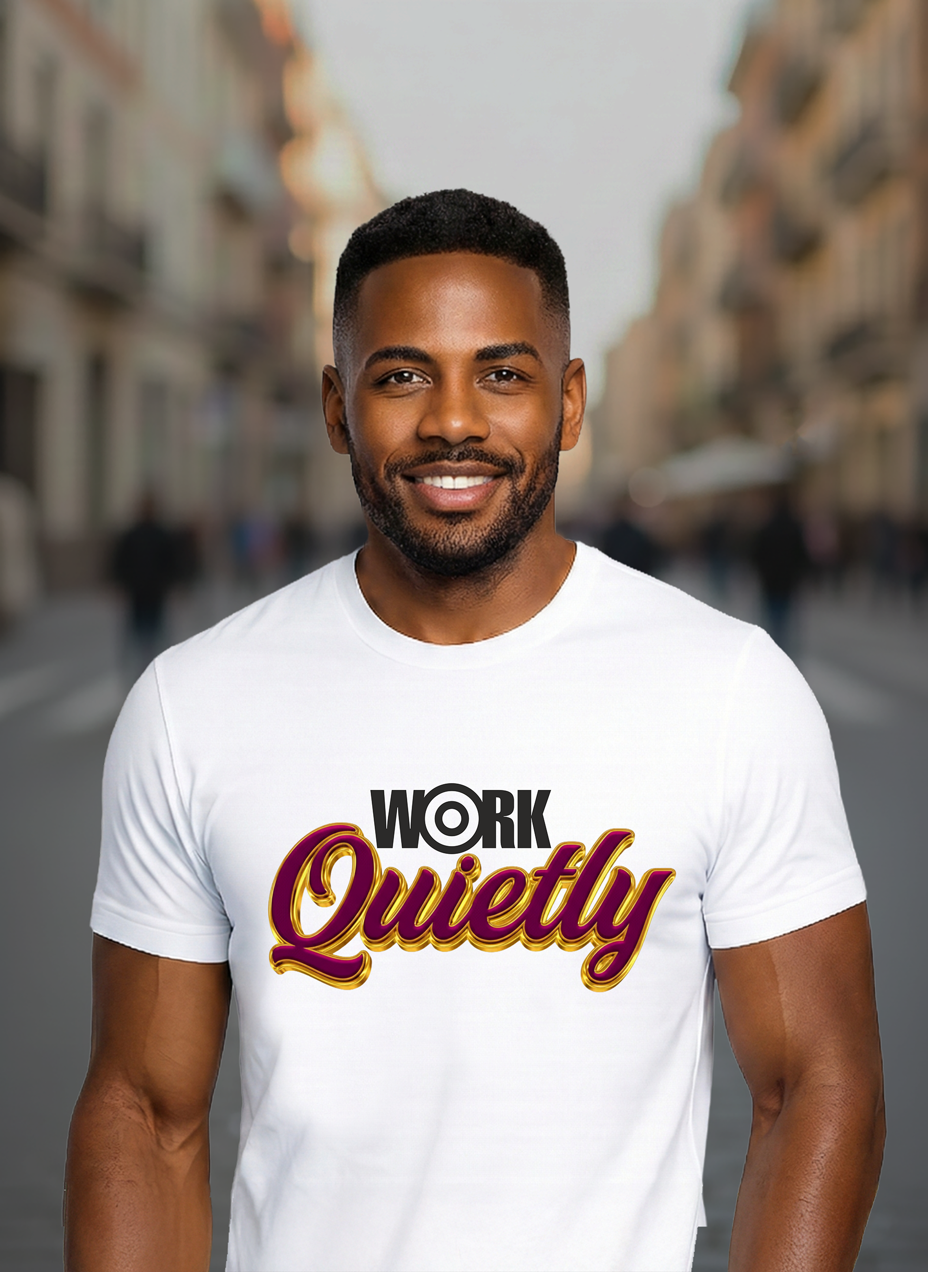 work quietly white tee