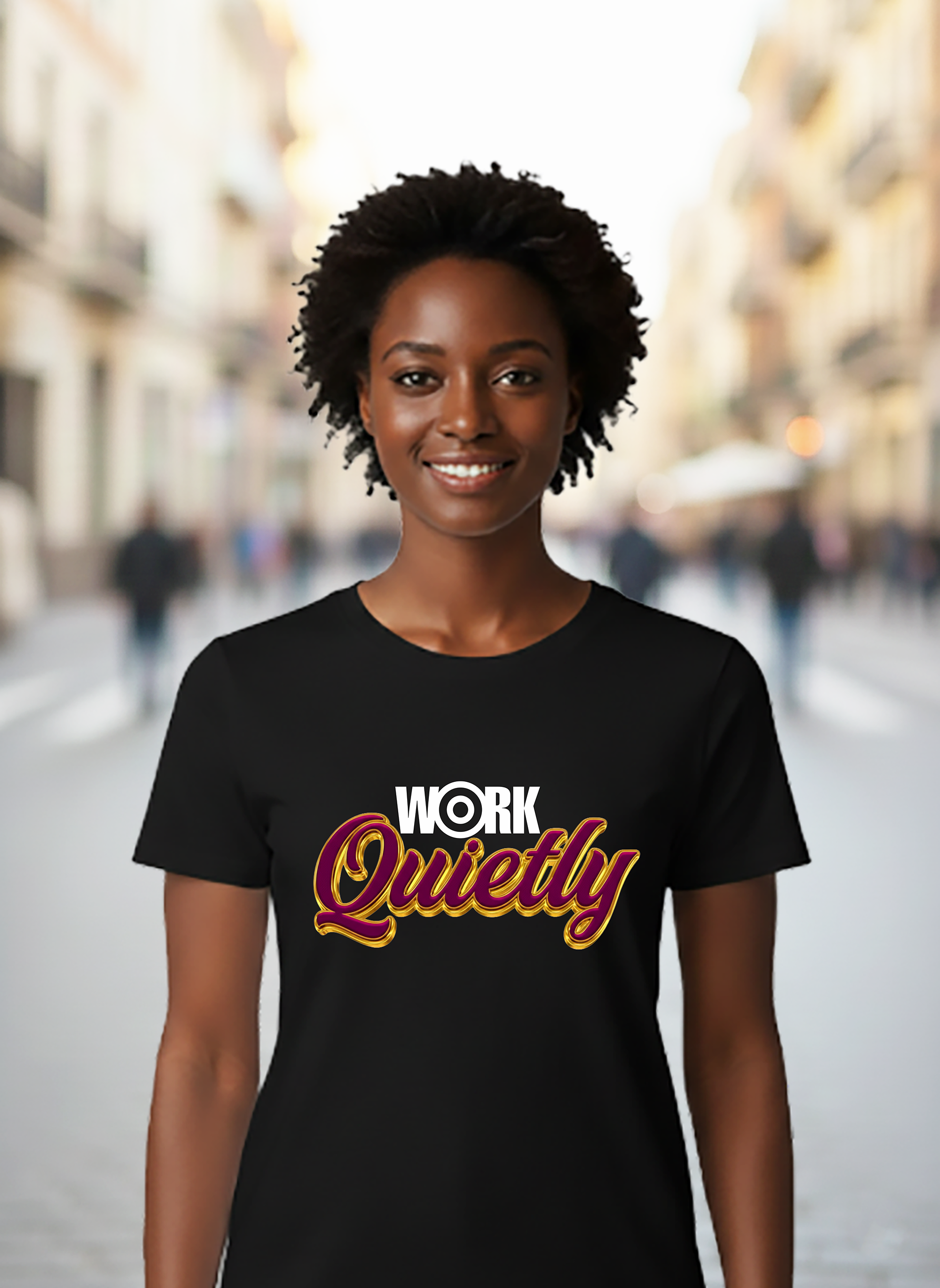 work quietly black tee