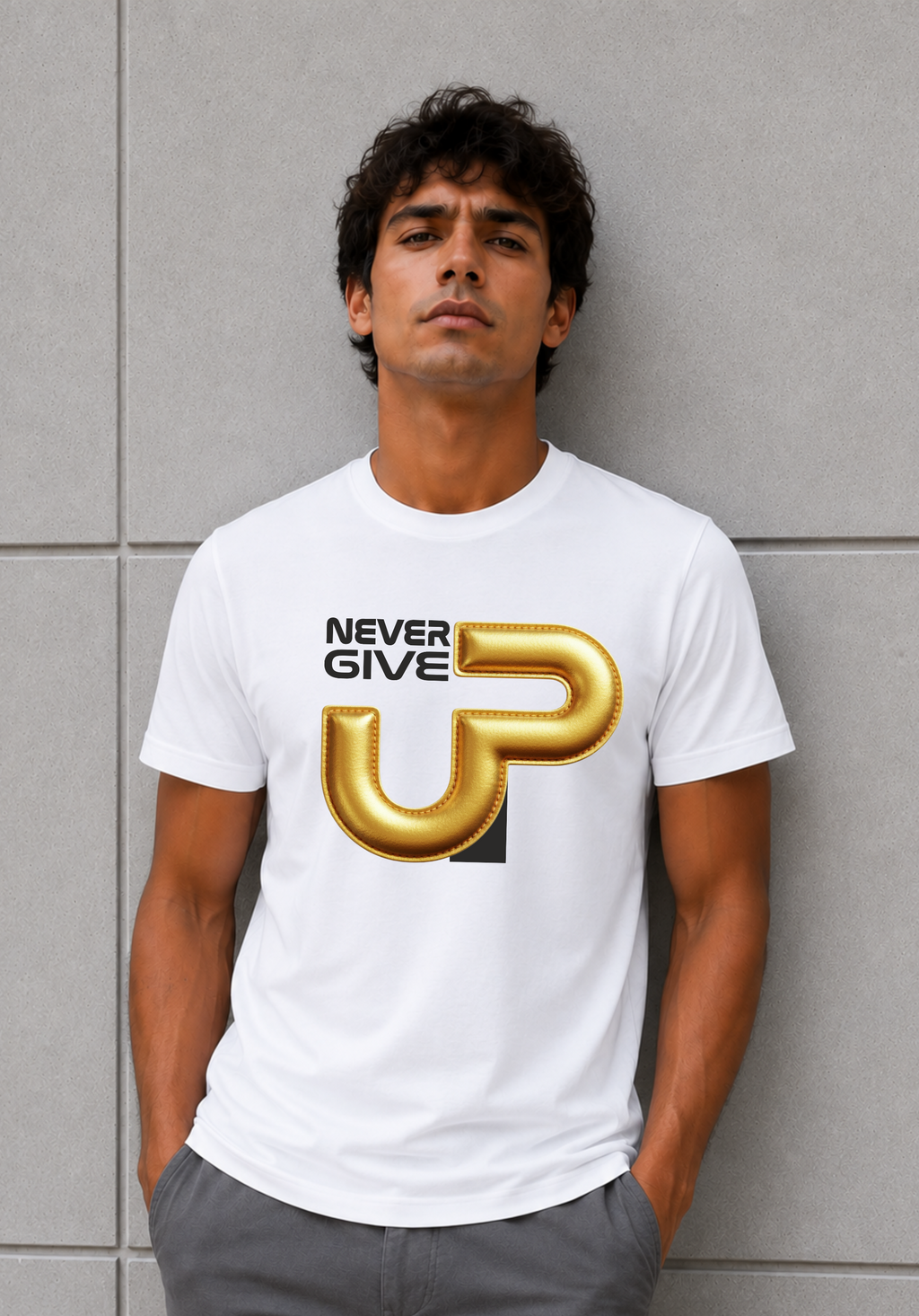 Never Give Up – Premium Gold Motivation Unisex Heavy Cotton Tee